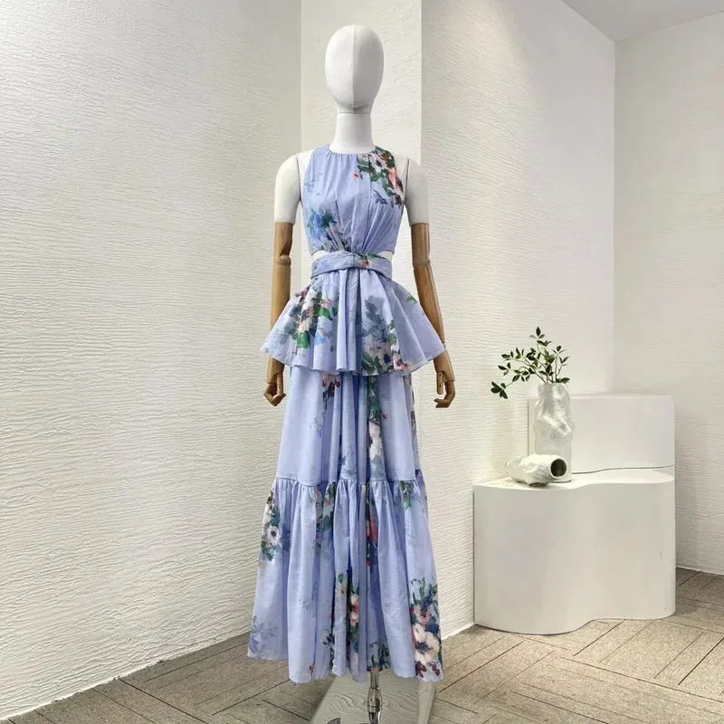 Women Summer Dress Beach Style New Pure Cotton Sleeveless Floral Print Pleats Design Cut Out Shirred Frill Women Midi Dresses