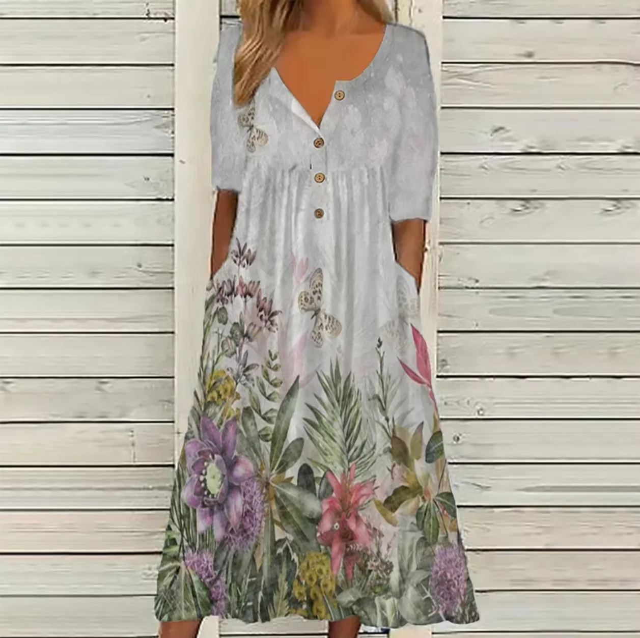 2026 New European & American Women's Spring Trendy Printed V-Neck Button Short-Sleeve Maxi Dress