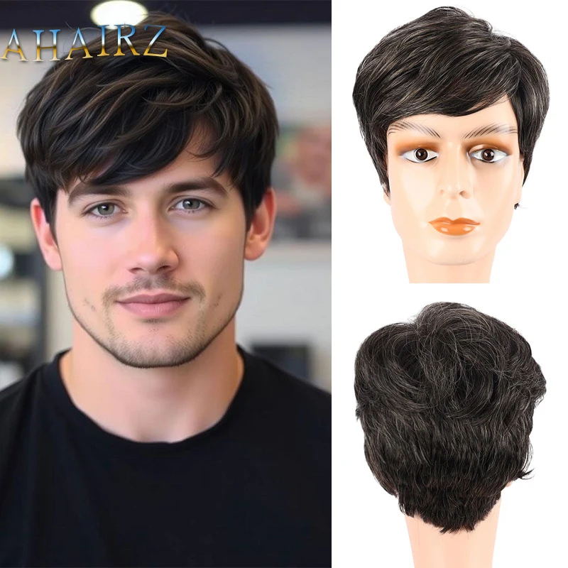 

Mens Synthetic Short Taupe Brown Curly Layered Wig with Bangs For Handsome Male Daily Party Use Wig Heat Resistant