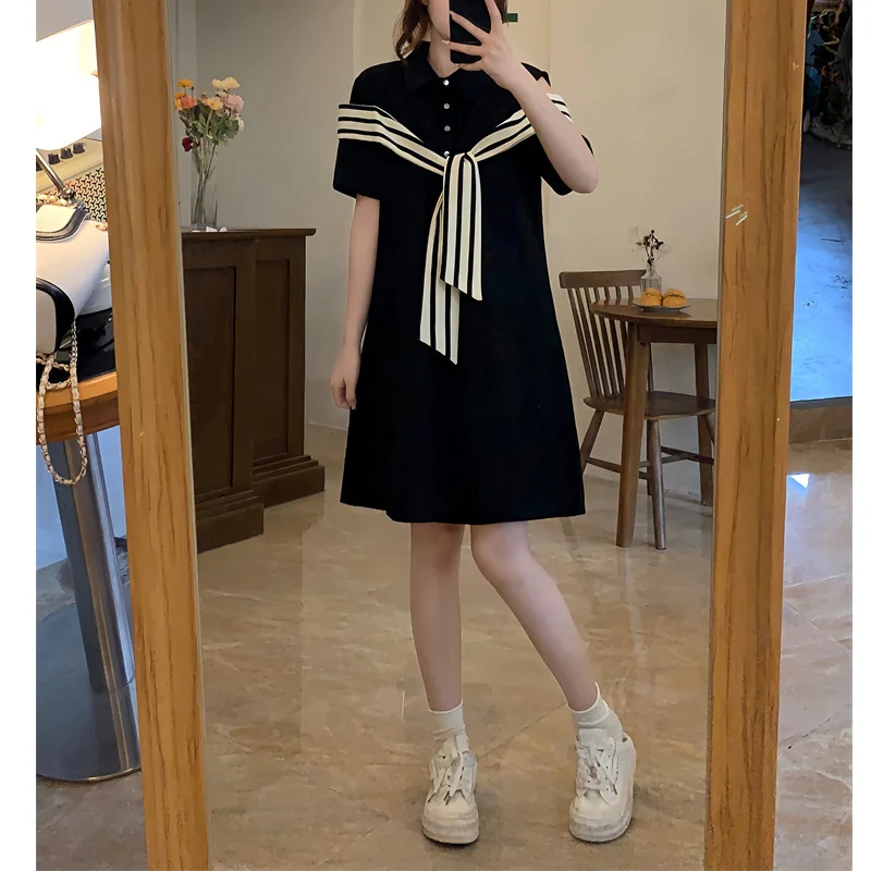 Off Shoulder Striped Polo Neck Mini Dress Summer Short Sleeve Loose Patchwork Solid T Shirt Dress Casual Fashion Women Clothing