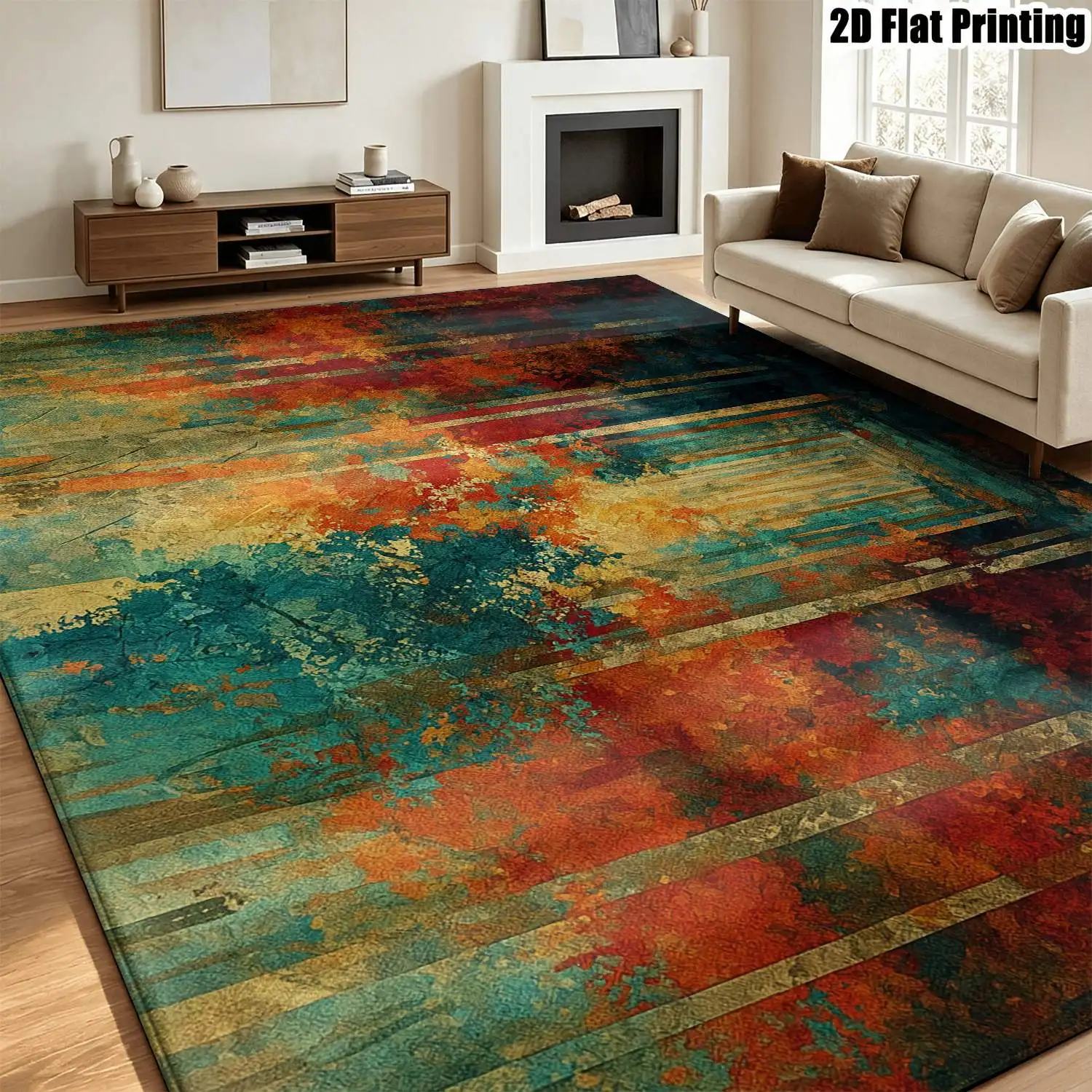1Pc 2D Printed Retro Red Blue Geometric Nordic/European Modern Minimalist Carpet, Machine Washable, Multi-Size, Suitable for Home Decor, Entrance, Living Room, Bedroom, Dining Room, Foyer