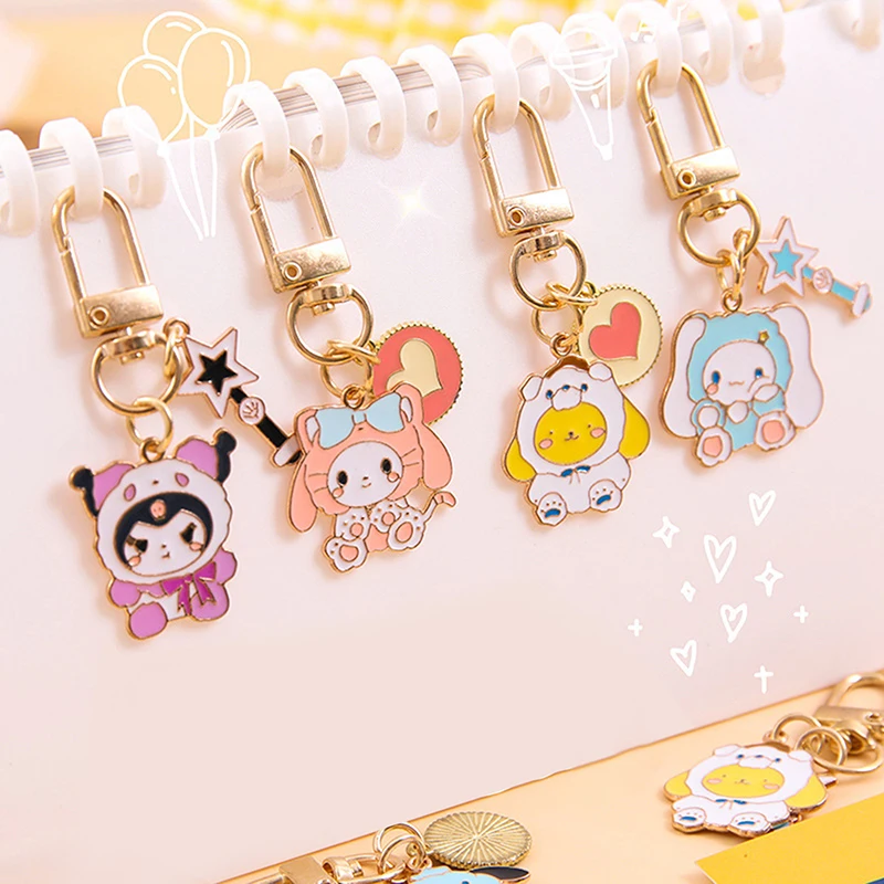 Sanrio Alloy Cartoon Keyring, Figuras Anime, melodia, Kuromi, Cinnamoroll, doce bonito Keychain, encantos saco, pingente, chaveiro do carro