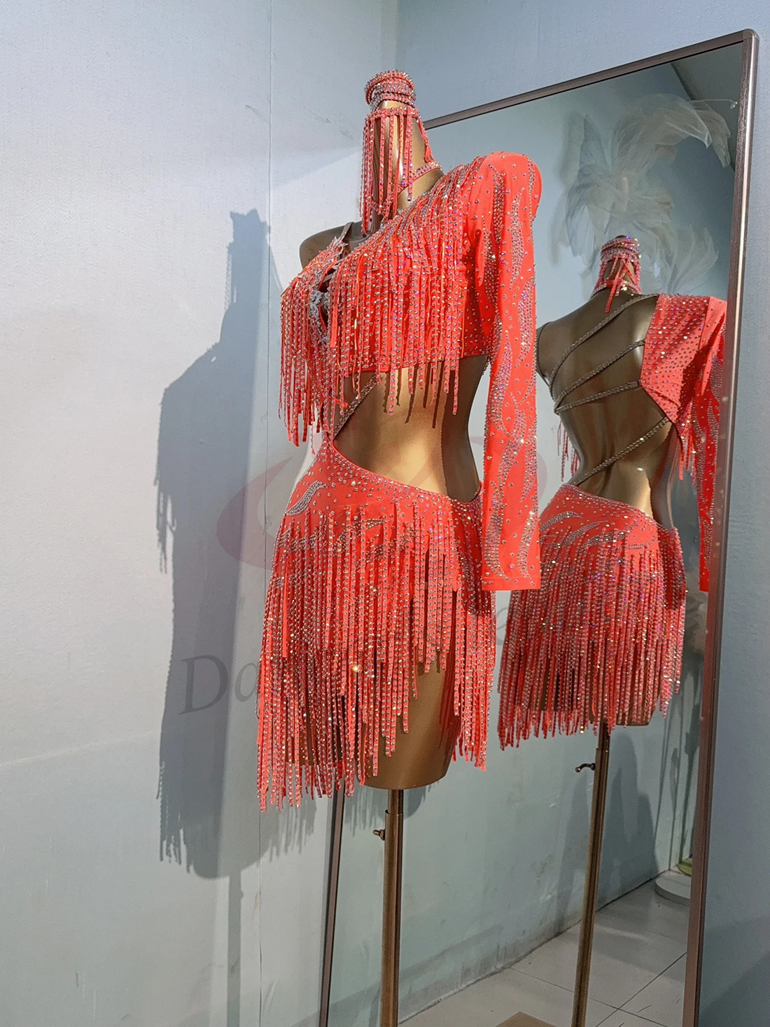 الرقص اللاتيني المرأة الراقية مخصص الماس شريط شرابة كبيرة عارية الذراعين تشا سامبا أداء حجر الراين اللباس