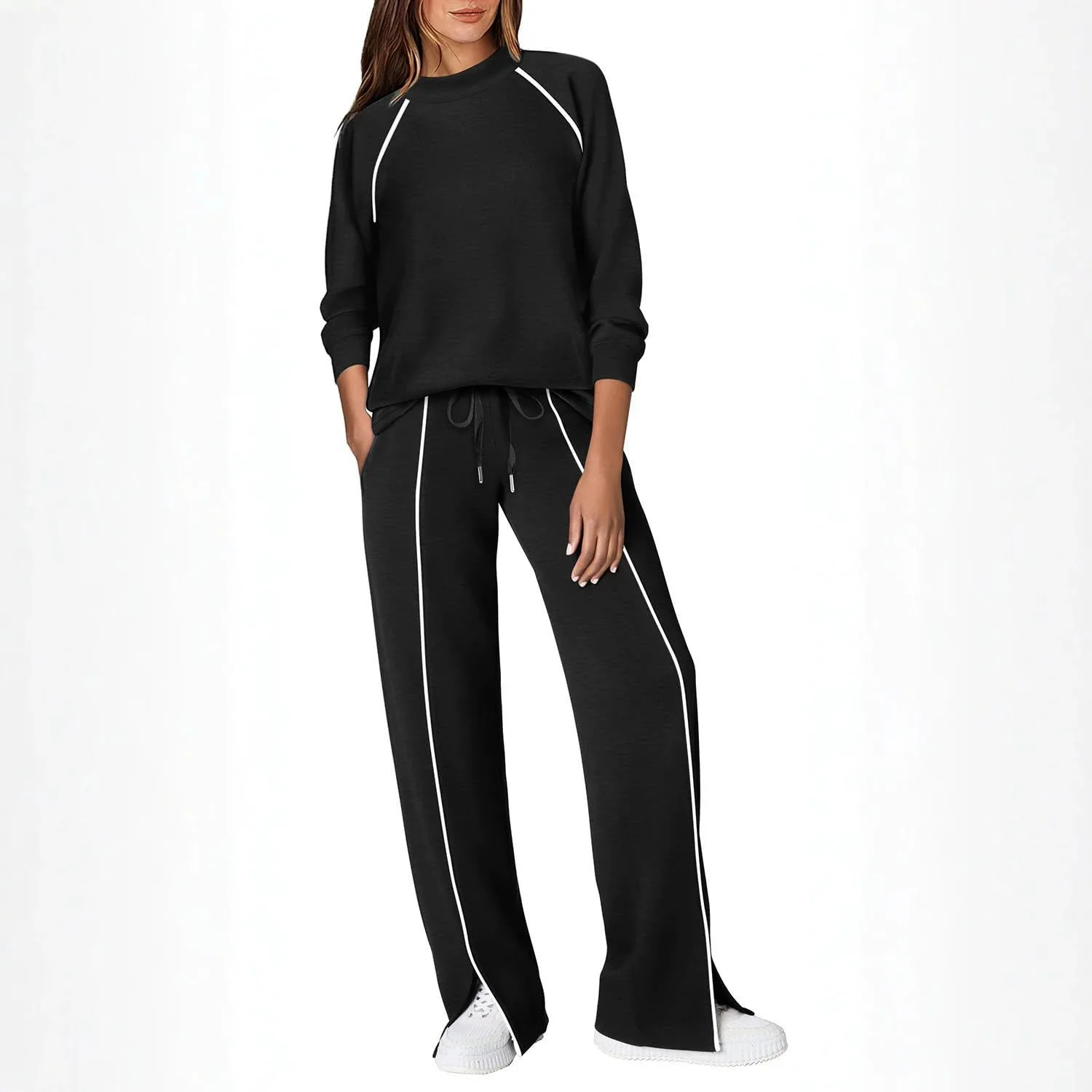 Women's Two-piece Tracksuit Set Autumn Ladies Casual Raglan Sleeve Crew Neck Pullover Sweatshirt + Side Stripe Wide Leg Pants