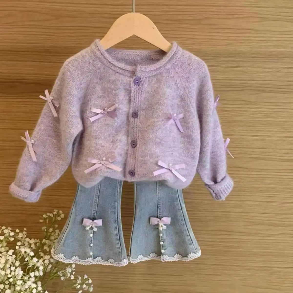 

Girls' Spring and Autumn Set Spring and Autumn Fashion Children's Sweater Knitted Cardigan+Jeans Two Piece Set 0-12Y