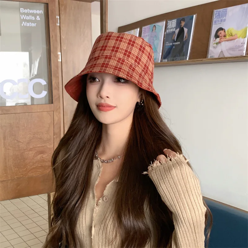 Double-sided Plaid Fisherman Hat Ladies Spring Summer Retro Simple Hat
