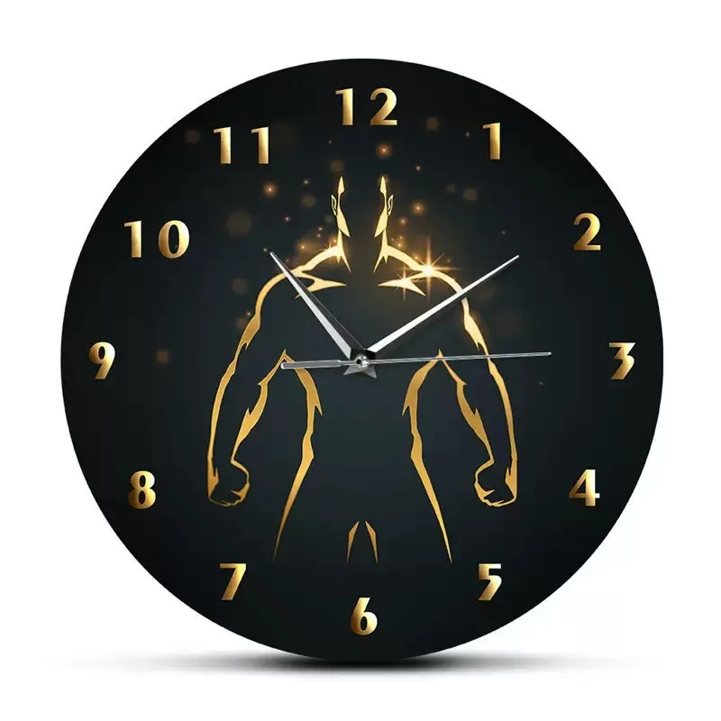 Golden Muscle Man Silhouette Fitness Bodybuilding Wall Clock Silent Quartz Watch Home Gym Workout Room Living Room Decor