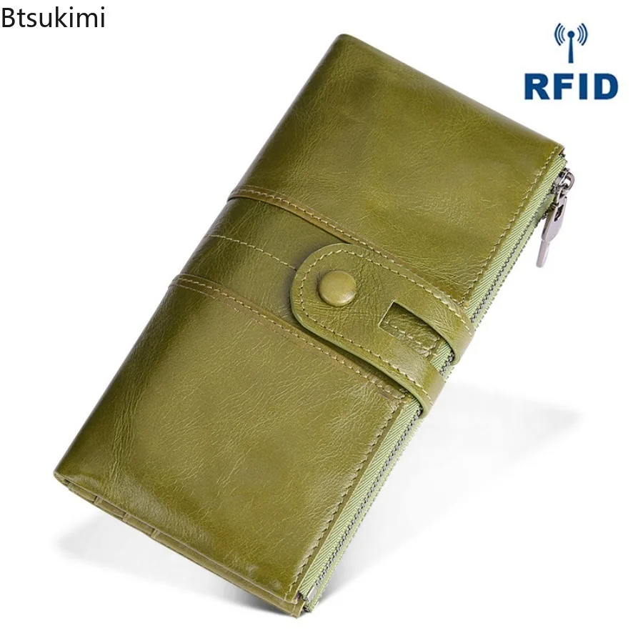 New RFID Women's Long Wallet Genuine Leather Wallets with Multiple Card Slots Simple Fashion Ladies Coin Purses Retro Clutch Bag