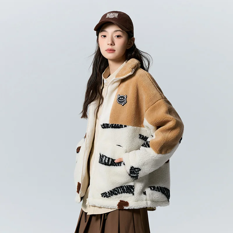 Semir Coat Women Mid-Length Oversize Imitation Lamb Wool Lettering Sweet Cool Winter Stand-Up Collar Color Matching Casual Coat