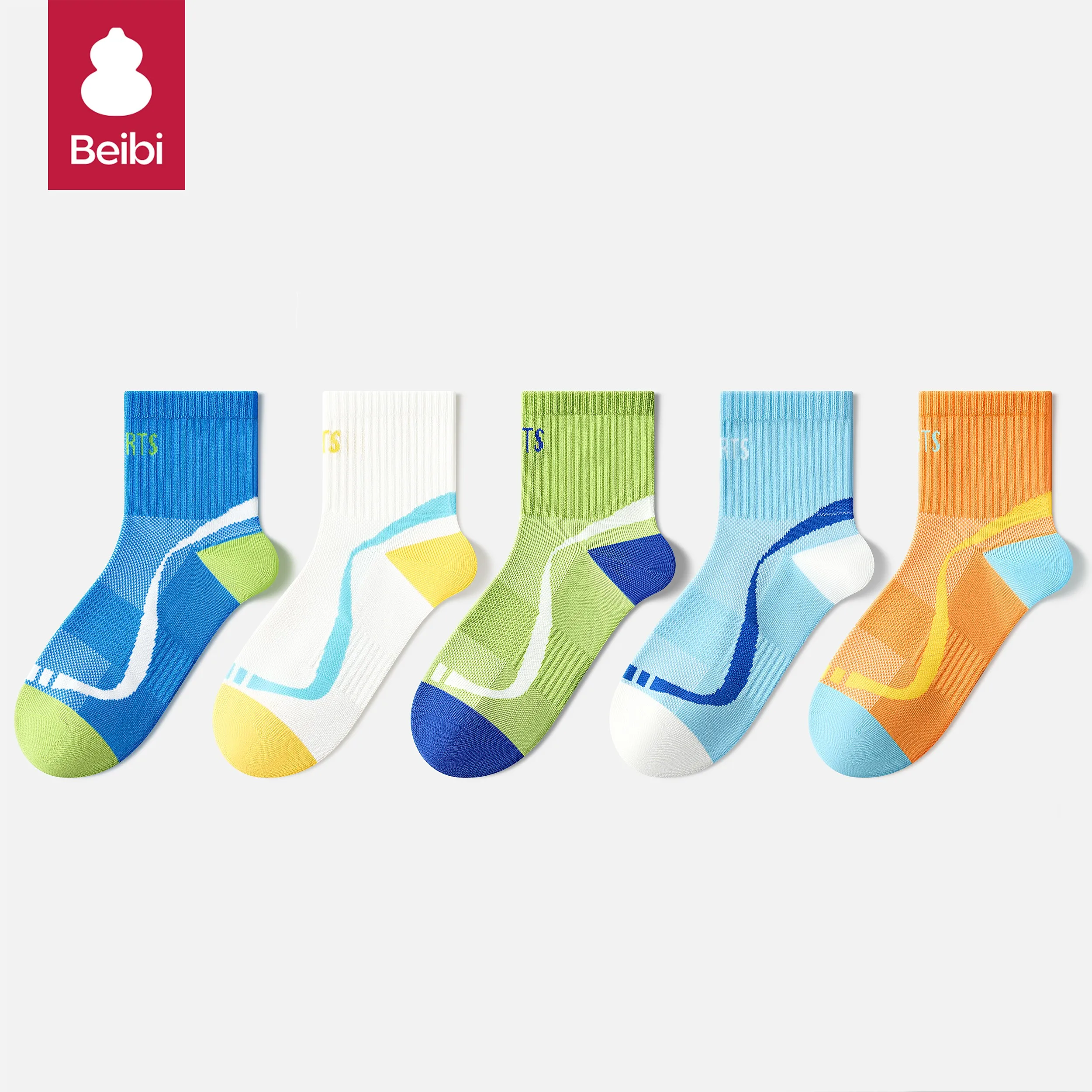 

Beibi 5-pair mid-calf socks, thin anti-odor and sweat-absorbing football socks for teenagers, suitable for ages 3 and above