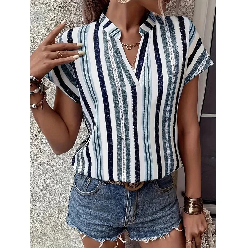 Women Bat Short Sleeve V Neck Pullover Shirt Elegant Color Blocking Striped Blouse Female Summer Comfortable Casual Commuter Top