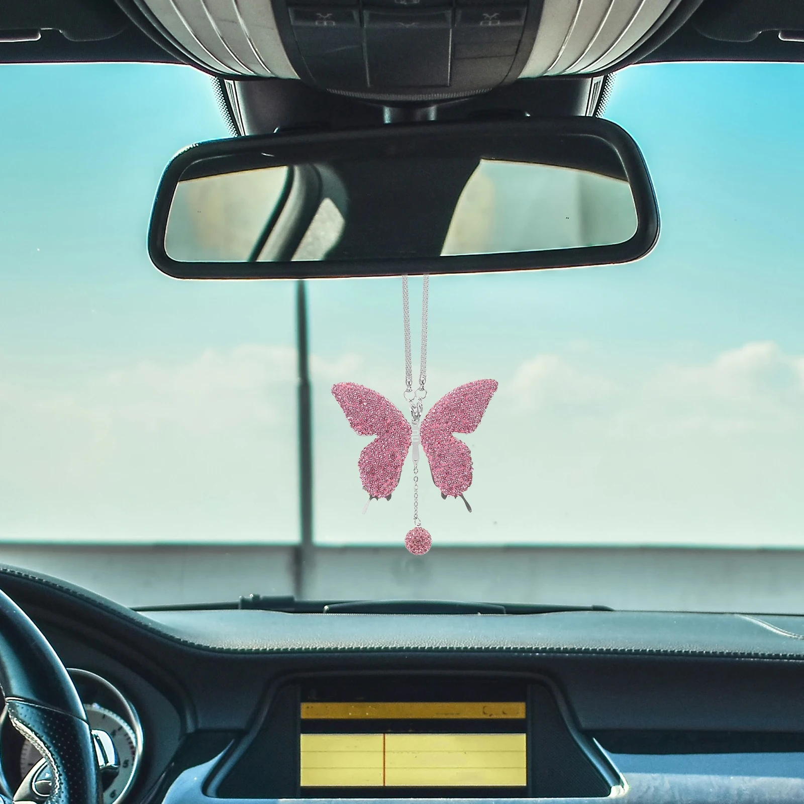 

Butterfly Pendant Car Hanging Ornament Rhinestones Rear View Mirror Accessories Decoration Clay Stainless Steel Material Easy
