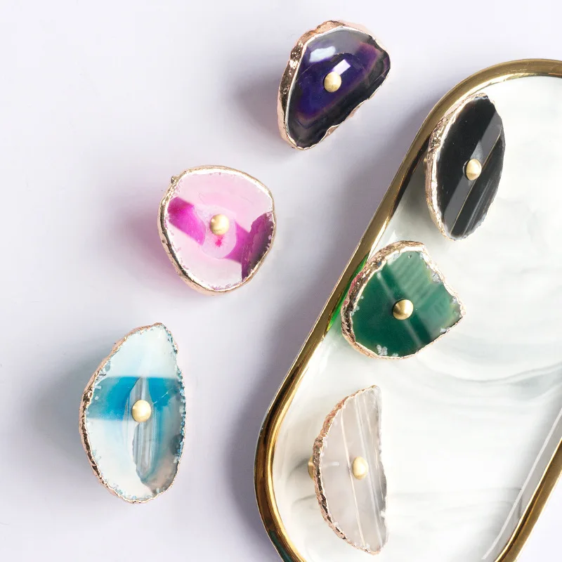 Nordic Style Luxurious Natural Agate Irregular Crystal Cabinet Knob Drawer Wardrobe Pull Furniture Handles Brass Handle