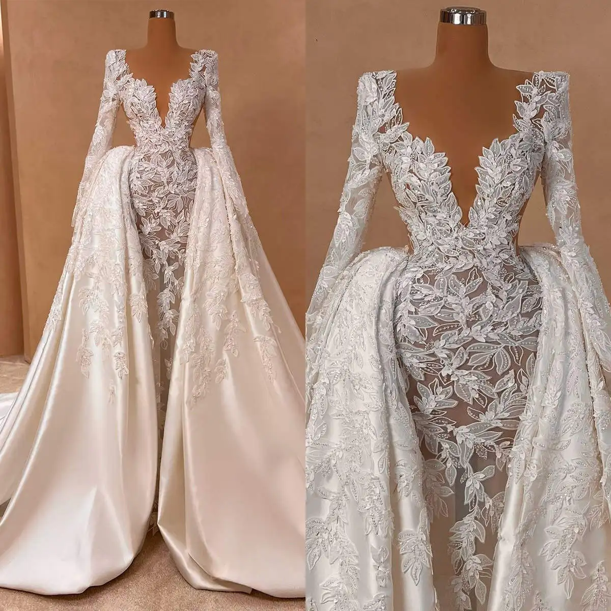 

Sexy Mermaid Lace Wedding Dresses Lace Appliques V Neck Long Sleeve Bride Gowns With Detachable Train Robe De Mariée