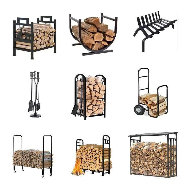 Modern Metal Firewood Rack Sets 4-8ft Outdoor Storage with Powder Coated Finish
