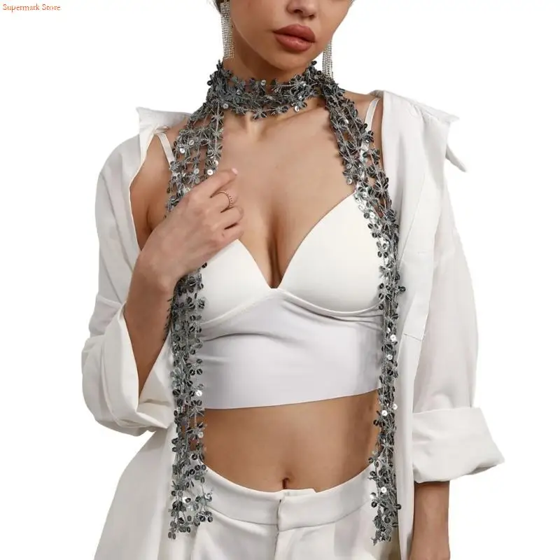 Q5WE Woman Masquerades Sequins Scarf Outdoor Decorative Blingbling Sequins Collar