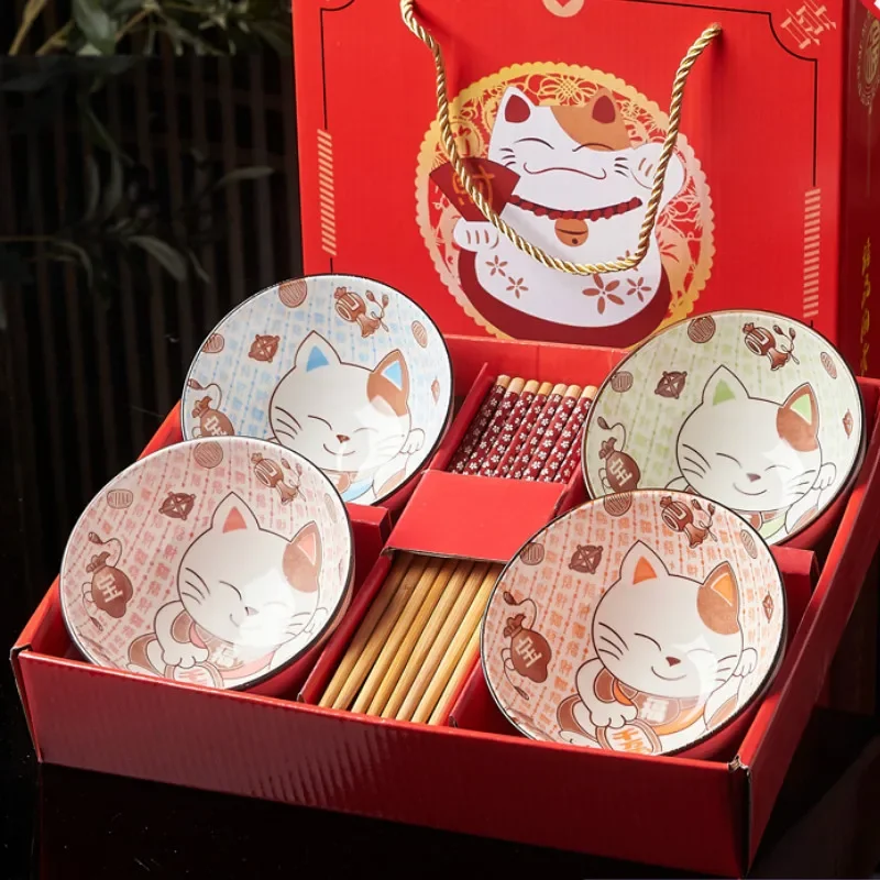 Chinese personality creative lucky cat blue and white porcelain bowl set opening activities tableware tableware gift boxLX122801