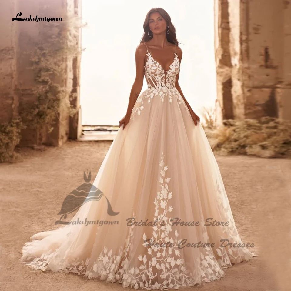 Lakshmigown Civil Boho Beach abiti da sposa scollo a V Appliques di pizzo 2025 Vedtidos corsetto donne Sexy abiti da sposa spalline sottili