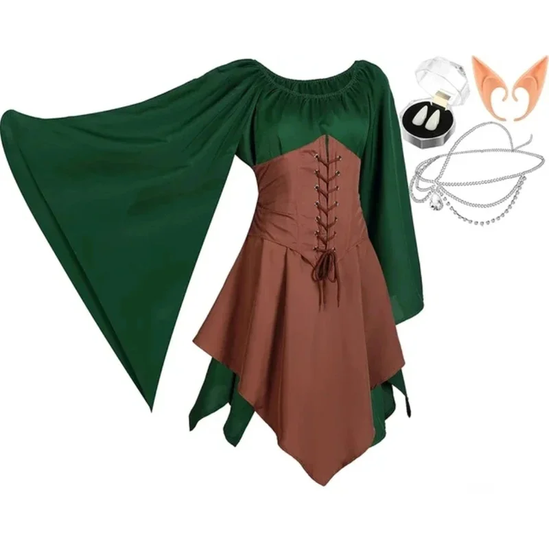 4 Uds Halloween Cosplay Palacio Victoria Medieval Vintage Hada disfraz de elfo para mujer princesa vendaje vestido de Navidad Ptachwork
