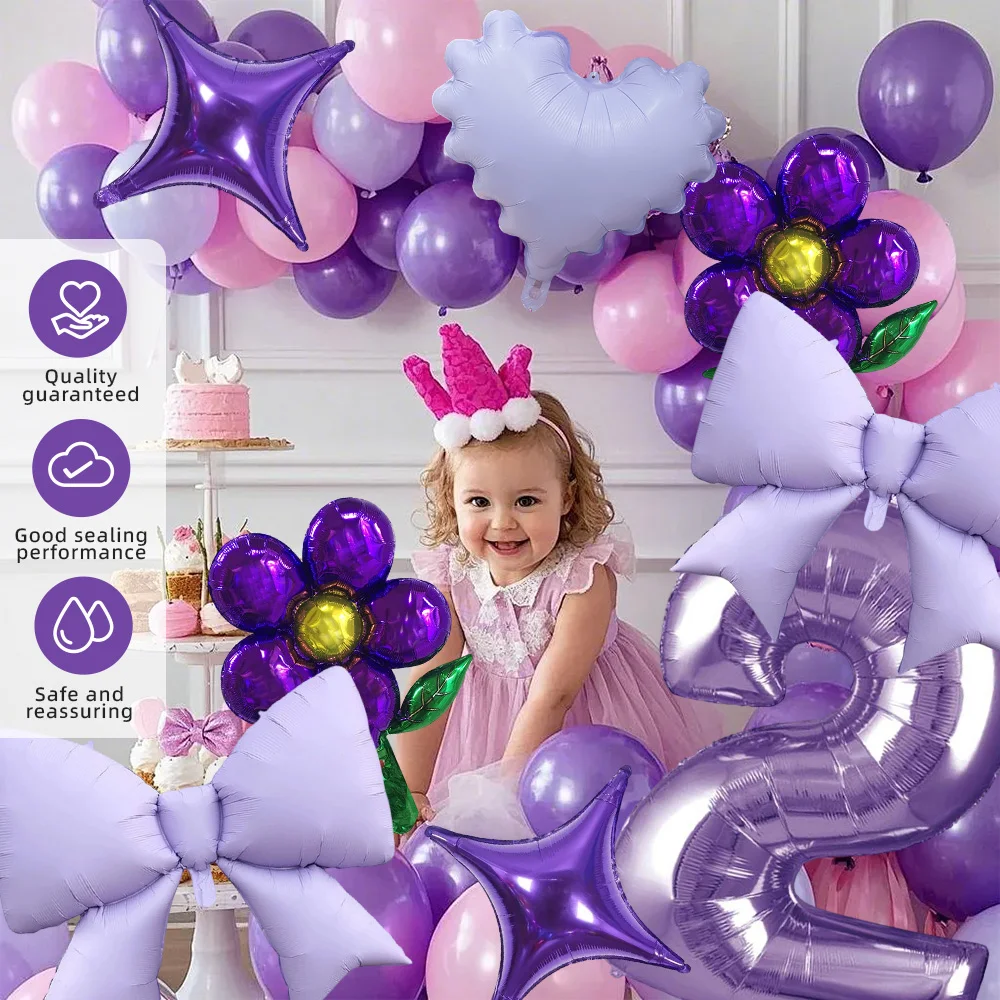 

Purple Number Foil Balloons Bow Heart Shaped Butterfly for Girls Women Birthday Party Valentines Baby Shower Decorations
