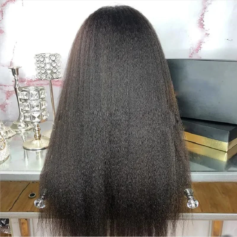 Longo natural preto kinky em linha reta macio yaki 26 Polegada peruca dianteira do laço para mulheres com sintético preplucked sem cola cabelo do bebê diariamente