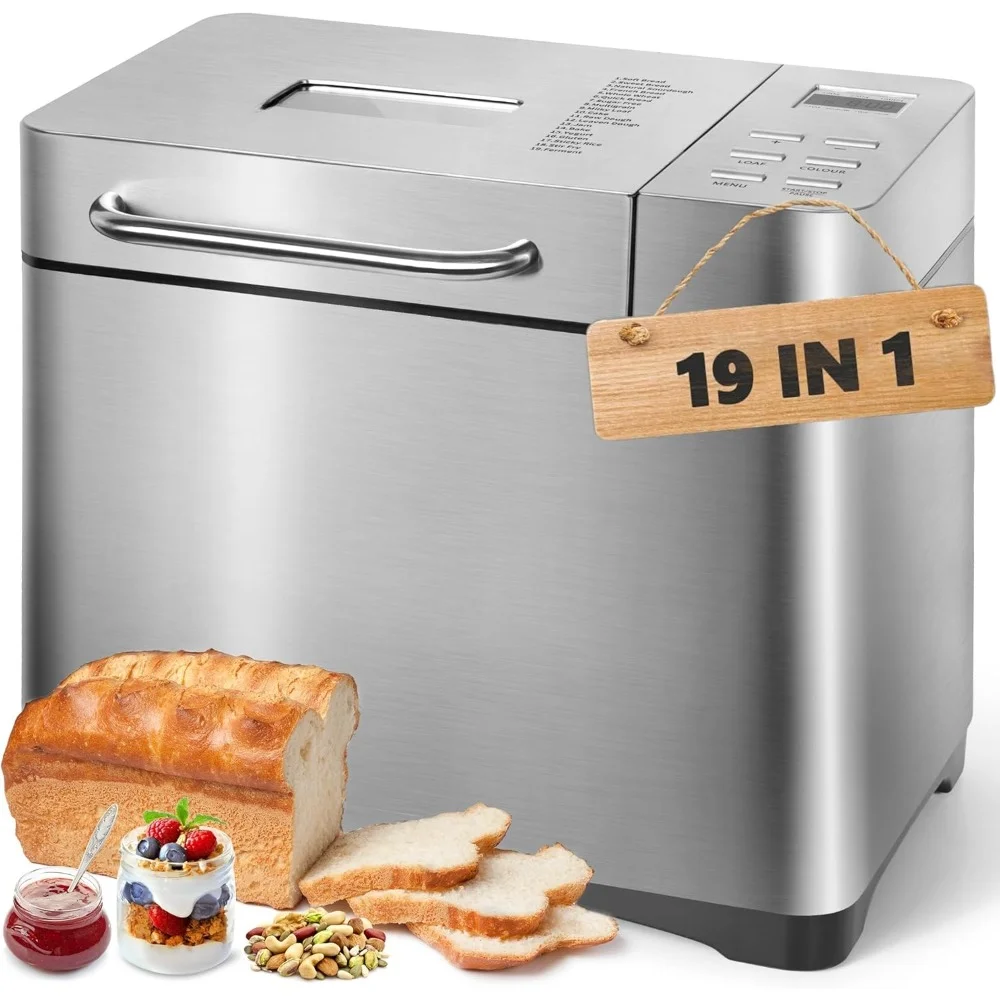 

HAOYUNMA 19 in 1 Automatic Dispenser Big Bread Maker Machine, 2.2LB Stainless Steel Bread Maker, 15H Timer