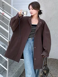 LANMREM Retro Loose Mid Length Windbreaker Women Stand Collar Single Breasted Solid Color Trench Coat 2024 Spring New 2AA4956