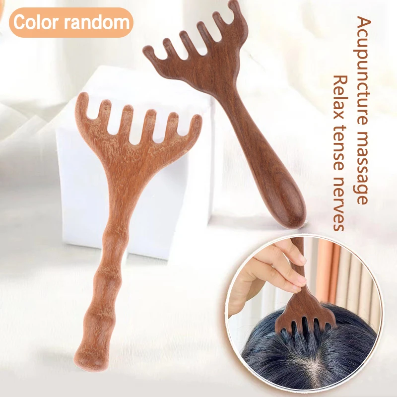 

Natural Wooden Wide Tooth Long Handle Comb Meridian Massage Anti-static Head Six Claw Massager Promote Blood Circulation