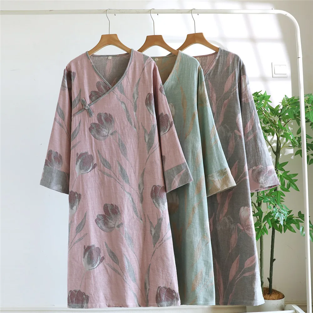 Classical National Style Nightgown Women Cotton Clothes Suitable for Spring Autumn Loose Knee Length Night Dress