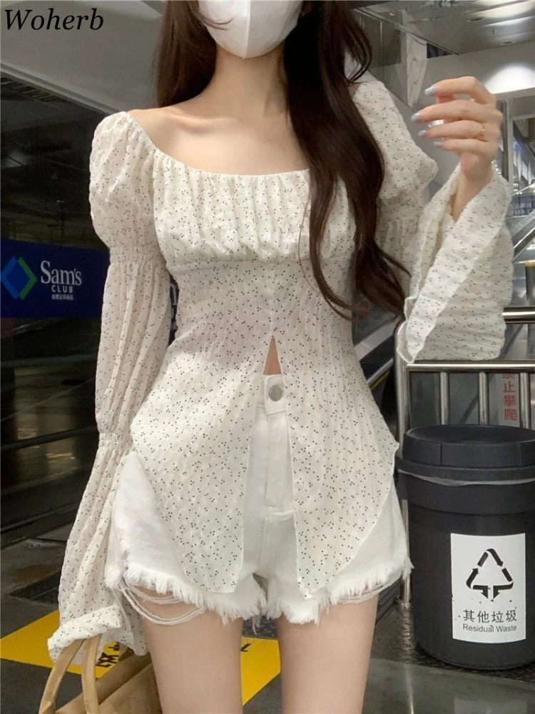 

Chic Print Vintage Blouse Women's Clothing Flare Sleeve Korean Split Tops 2025 Camisas De Mujer Slash Neck Pleated Fashion Shirt