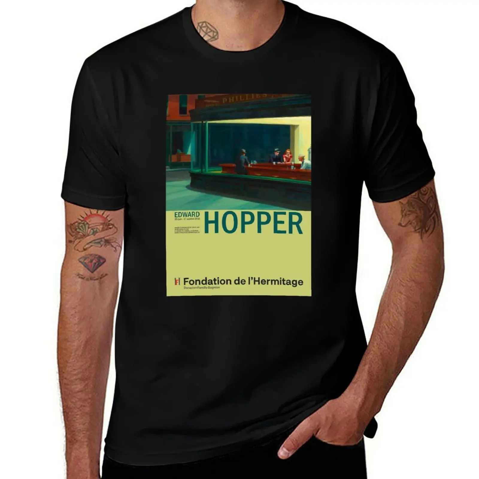 Edward Hopper - Nighthawks - Minimalist Exhibition Art Poster T-Shirt Big and Tall Loose Fit T-Shirt
