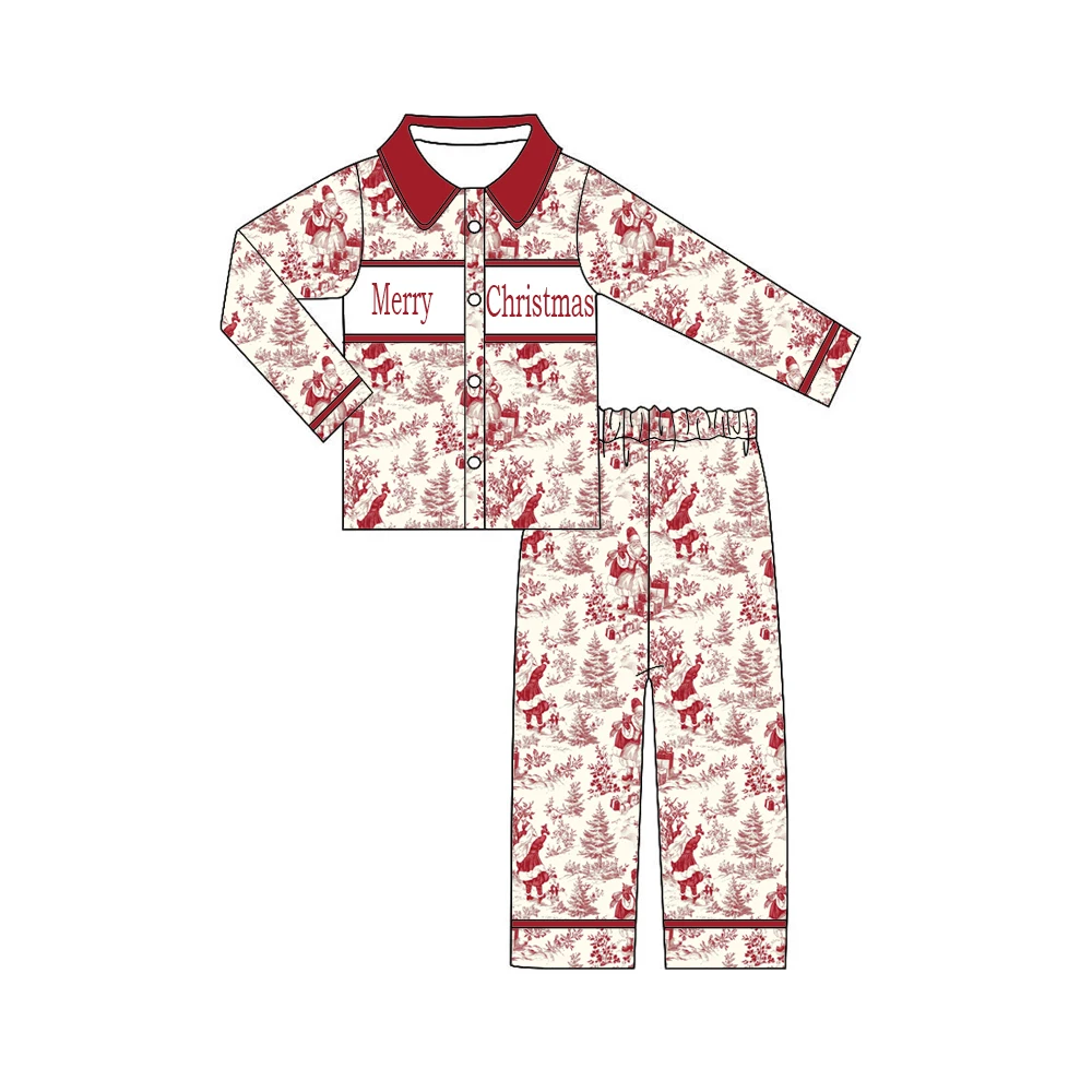 Children's Christmas Lapel Lace Long-Sleeved Outfit With Tree Cartoon Print Long Pants Boys And Girls Boutique Set