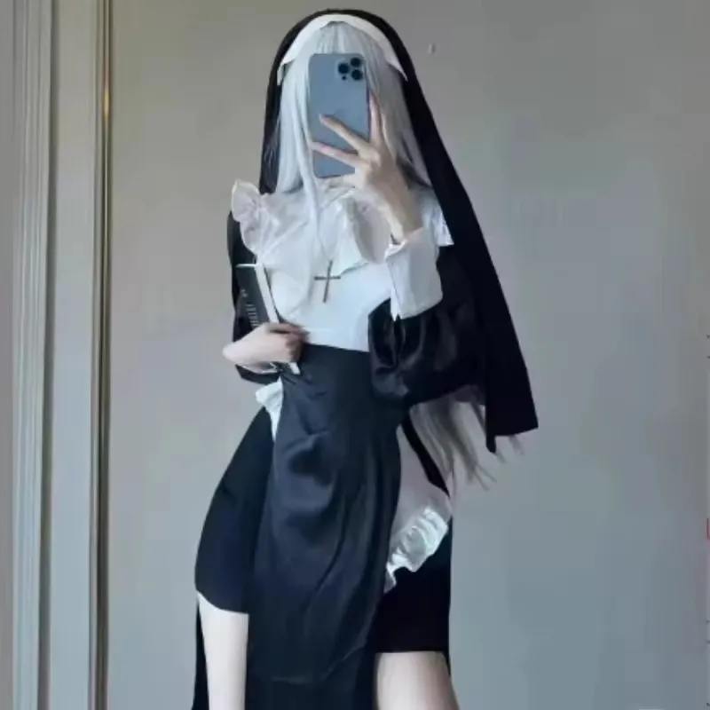 Women's Nun Costume Kerchief Cross Necklace Sexy Nurse Dressing Halloween Maid Plus Size Tight Black Robe Religious Costumes