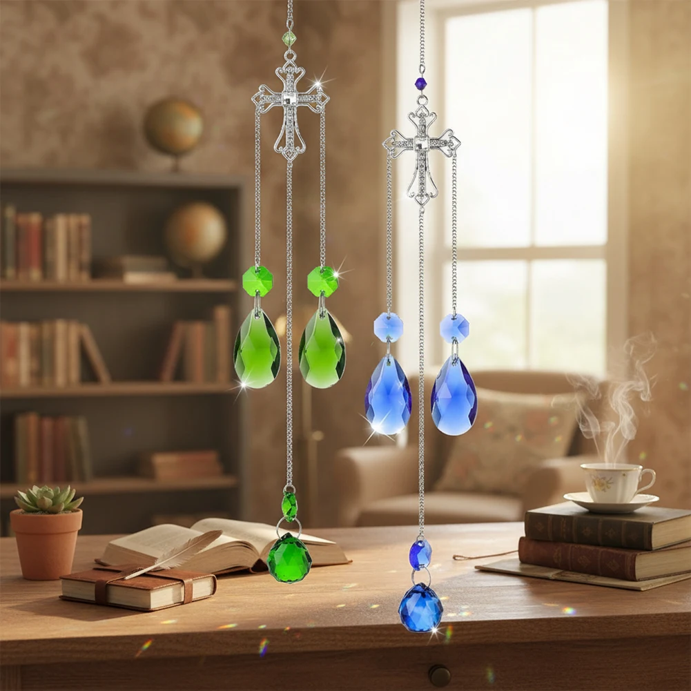 Elegant 2-Piece for cross Gemstone Sunshinecatcher Set for Home Garden Decor with Moon Star Accents and Rainbow Refraction