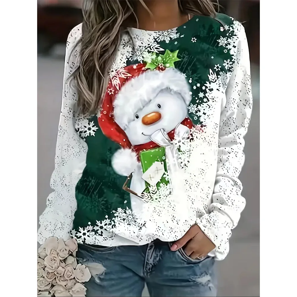 Kwaii Style New Lady Long Sleeve Tops Fashion 3d Snowman Printed Women Clothing Crew Neck Pullovers Tops Winter & Fall Plus Size