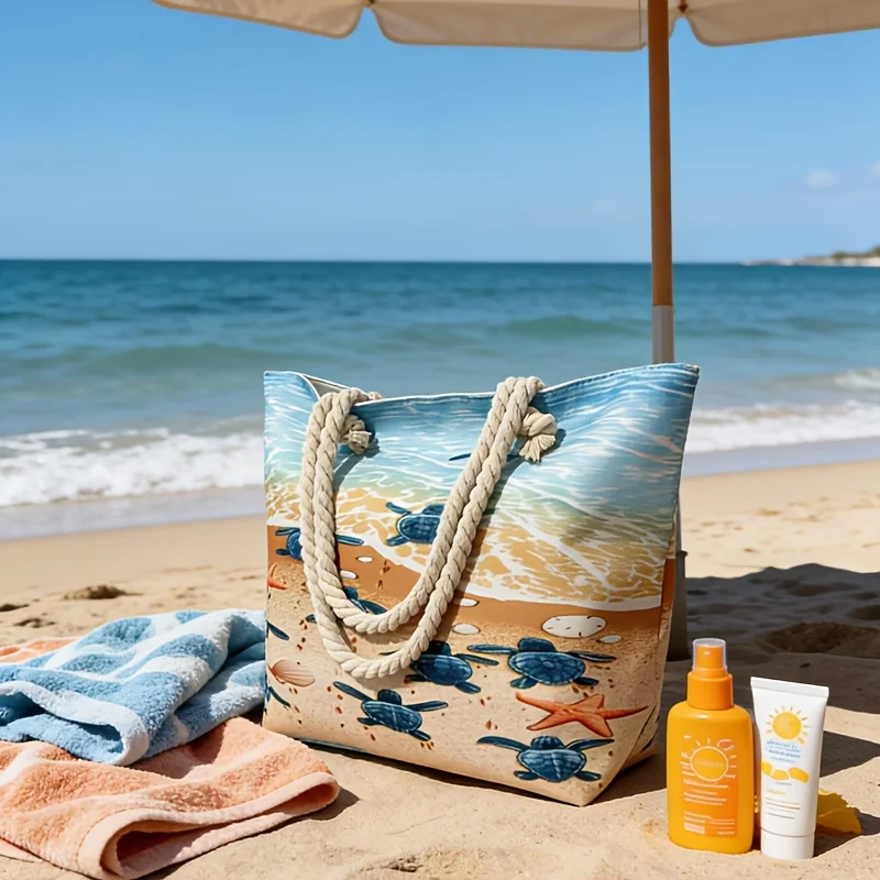 Summer seaside vacation style beach turtle pattern beach bag, extra-large capacity women's beach tote bag