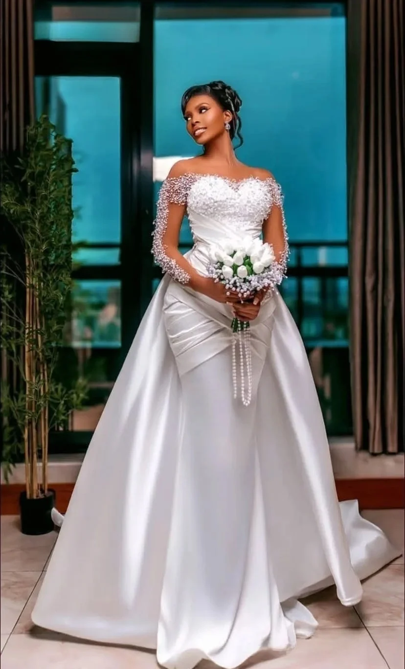Customized Sheer Neck Sparkly Beads Sequins Wedding Dress Vestido De Noiva  Long Sleeves  Bridal Gowns with Removable Skirt