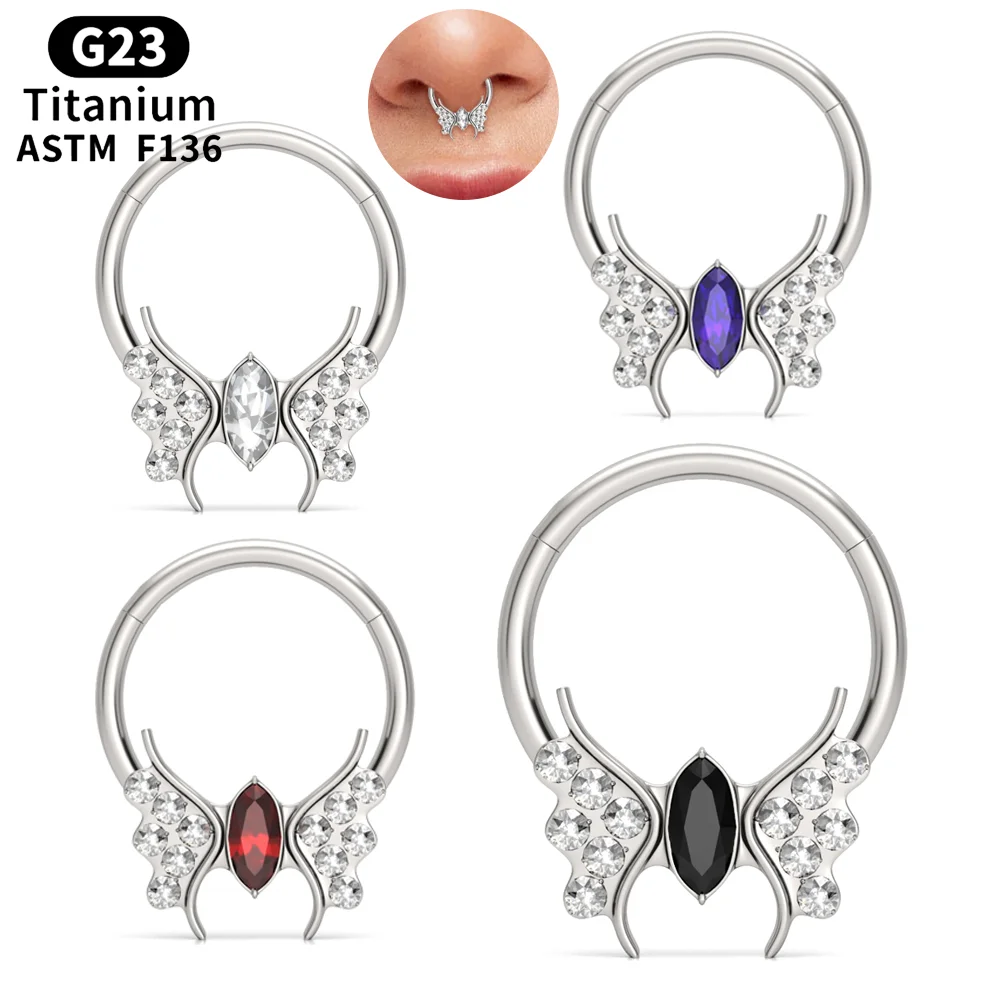 

G23 ASTM F136 Titanium Piercing Butterfly Cubic Zircon Septum Nose Hoop Ring Women Jewelry 16G Tragus Helix Cartilage Earrings