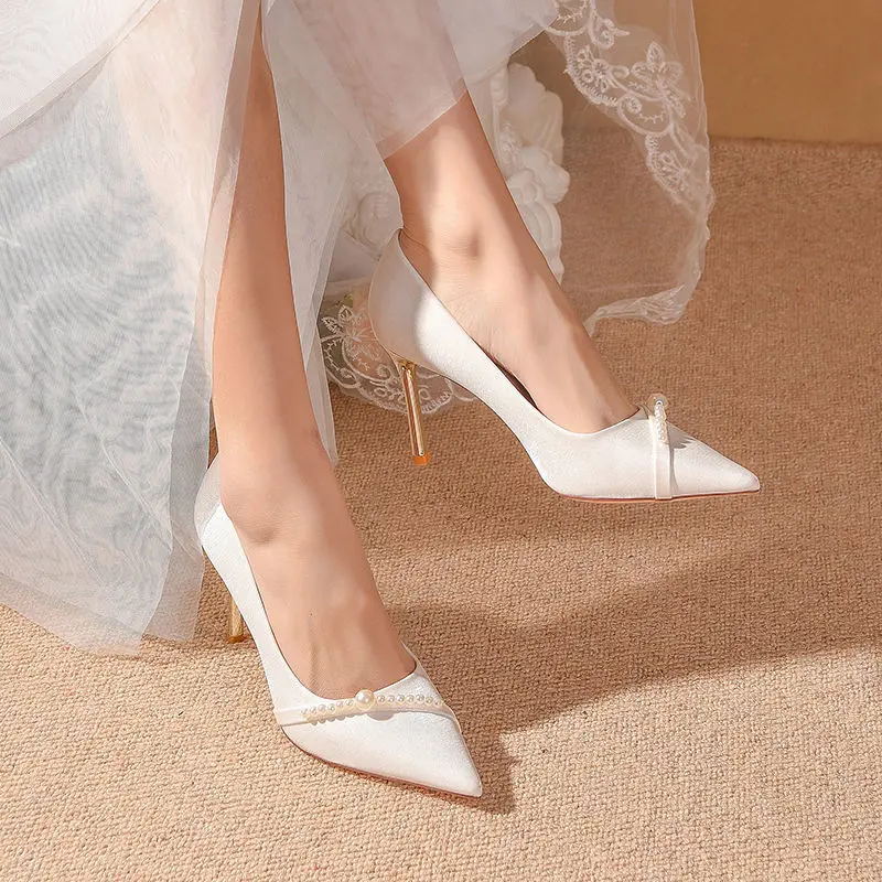 

Pumps on Heeled White Shoes for Woman 2024 Women's Summer Footwear Pearl High Heels Wedding Bride Shoe Stilito Quality Stylish A