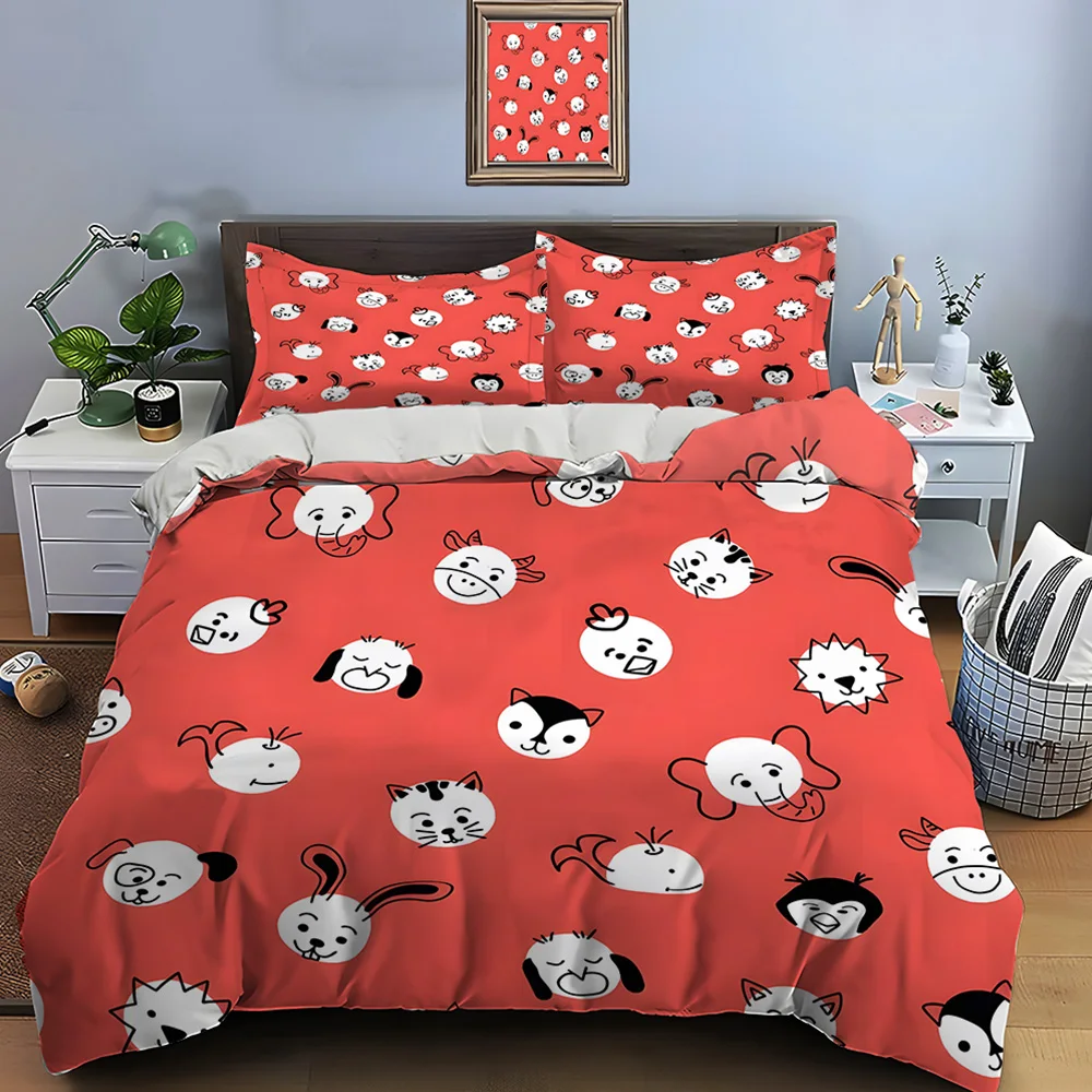 Cartoon animal faces on red background Bedding Set 1 Duvet Cover 2 Pillowcases for Adult and Children Luxury Gift Full Size