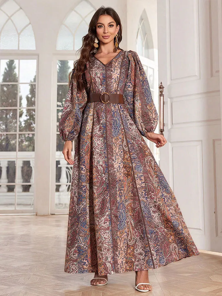 UNI Dubai Abayas Muslim Women Elegant Caftan Dress Islam Flower Print Jalabiya Caftan Marocain Eid Ramadan Musulmane Vestidos