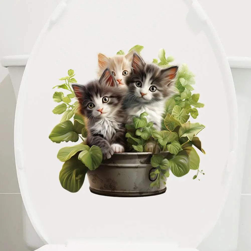 Decorative Toilet Sticker Easy to Apply Toilet Sticker Elegant Green Plant Cat Pattern Toilet Lid Sticker Charming Wall for Home
