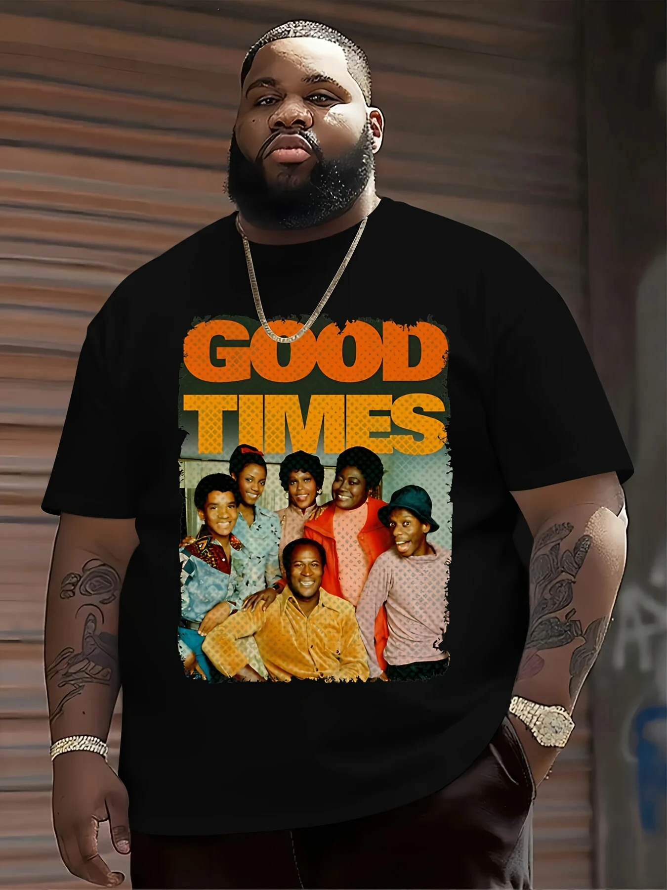 GOOD TIMES Retro Pattern Plus Size Men's T-Shirt - Casual Black T-Shirt with Retro 70/80's Design, Color Group Photos Above Orange and Yellow Text - Perfect for Everyday Wear, Parties and Nostalgic Fashion Lovers