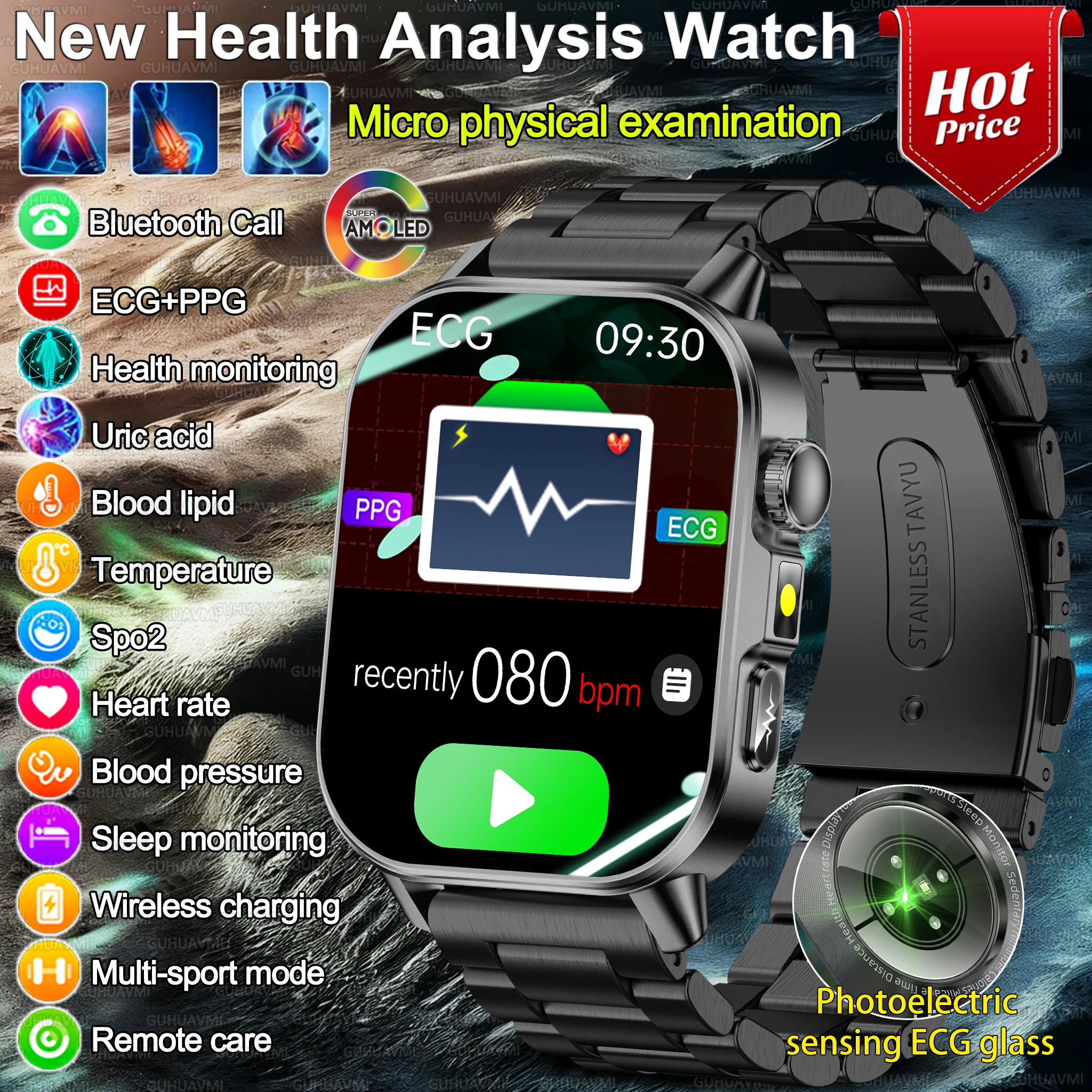 HOT Fashion Neue Expertenklasse Gesundheits-Smartwatch EKG+PPG Harnsäure Blutfett Blutdruck AMOLED HD Anruf Sportuhr für Männer und Frauen