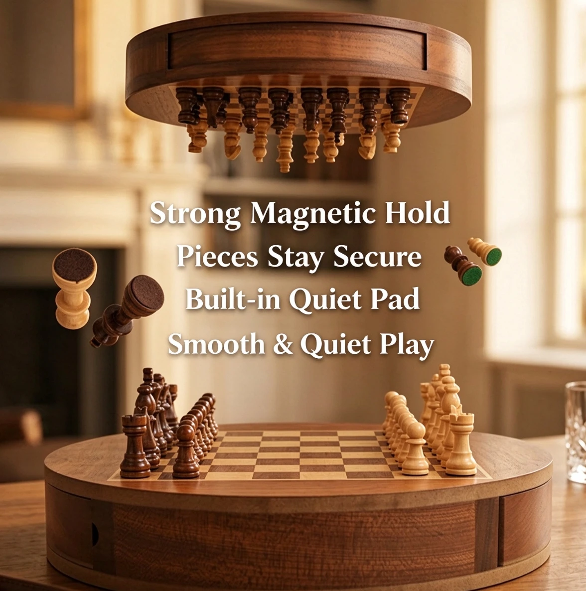 Wooden Round Magnetic Chess Set with Hidden Storage Drawer Portable Wood Chess Board Game Classic Tabletop Game for Family Party