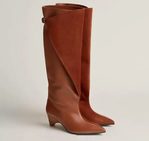 Autumn Women Brown Black Suede Leather Patchwork Buckle Wrap Knee High Boots Fashion Pointed Toe Spike Heels Modern Long Boots