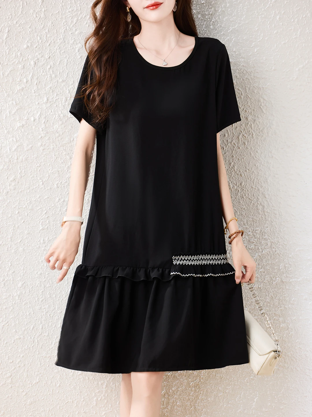 

Summer Casual Loose round Neck Splice Slimming Black Dress Women's Fashion plus Size Dress A-Line Skirt Style Short Sleeve