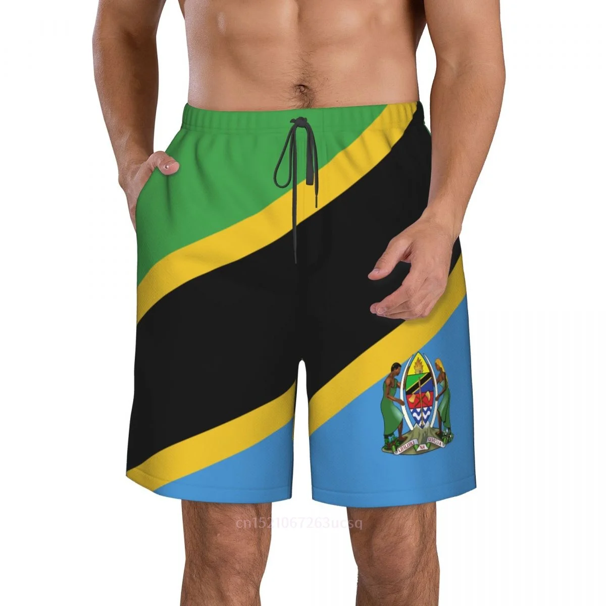 2023 Summer Polyester Tanzania Country Flag 3D Printed Men's Board Shorts Beach Pocket Running Summer Pants