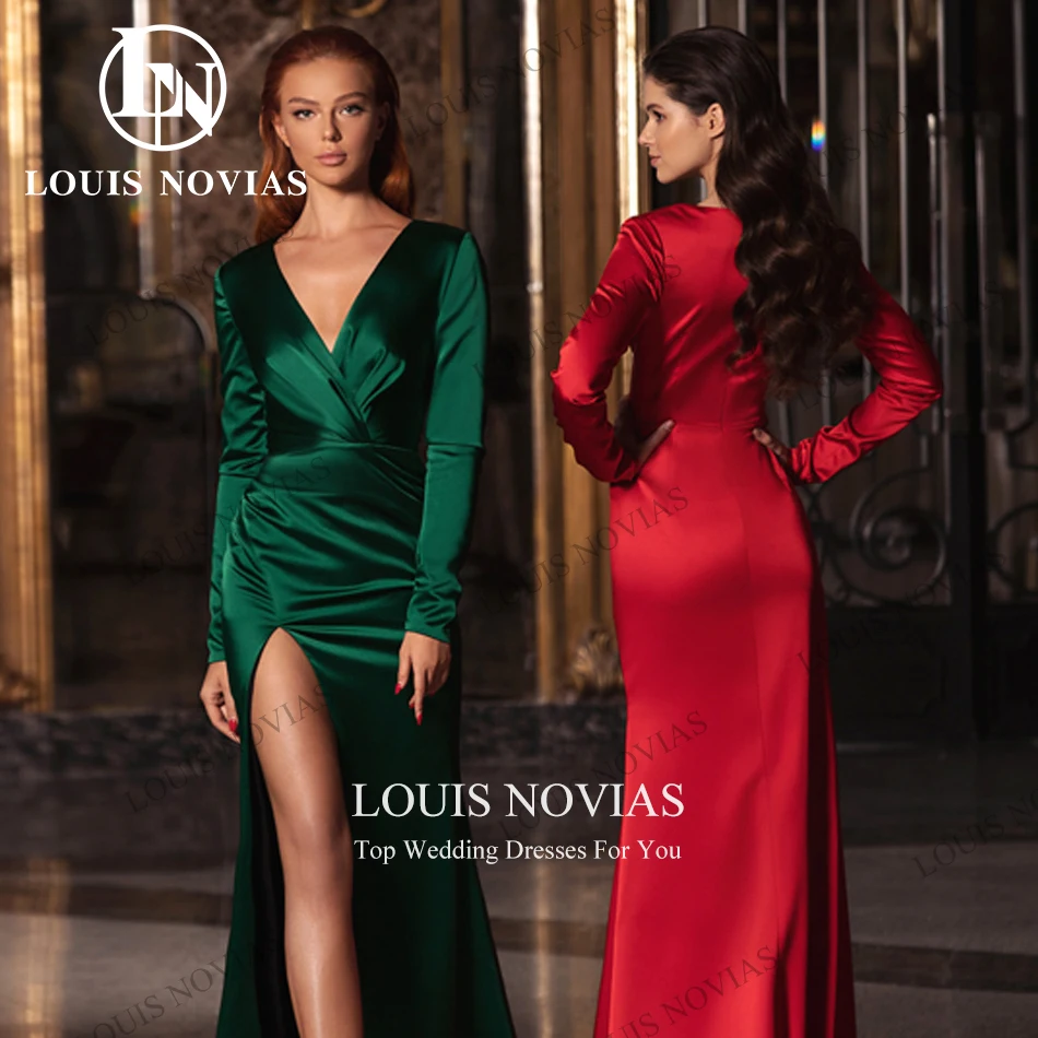 LOUIS NOVIAS Evening Dresses 2022Women Classy Sexy Long Sleeves V-Neck Formal Party Dresses Vintage Side Split Vestidos De Noche