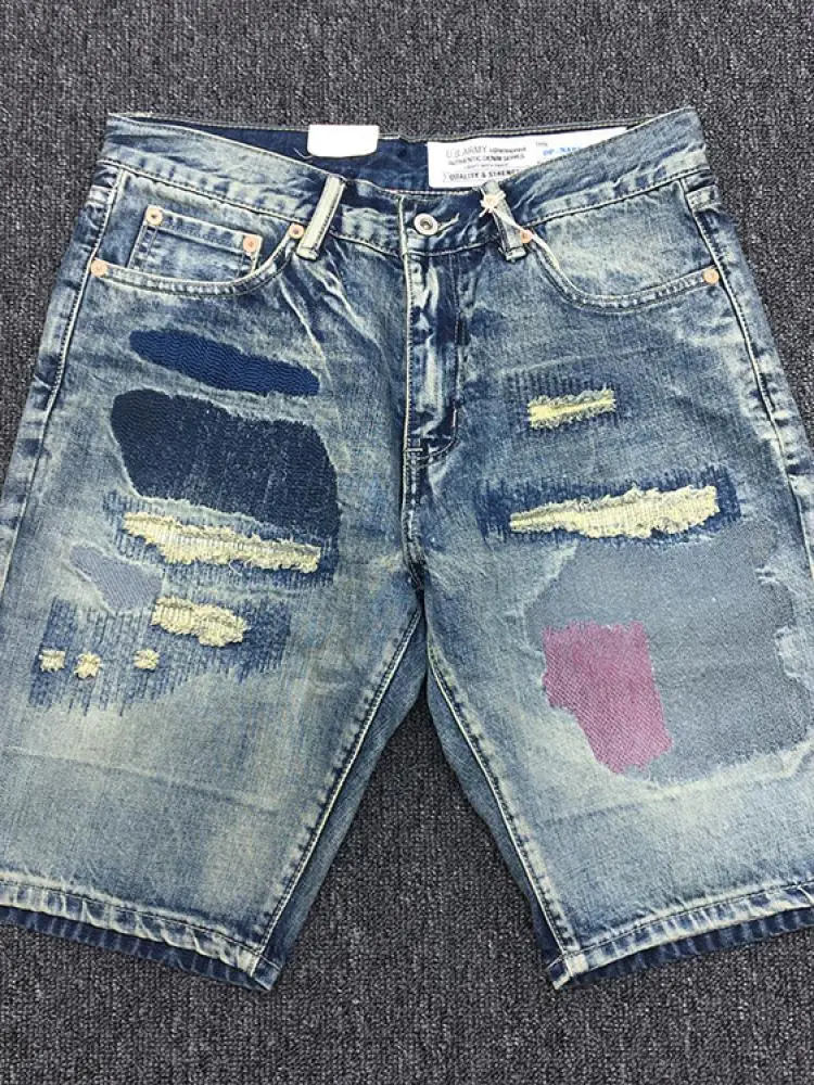 

High-End Heavy-Weight Pure Cotton Ripped Embroidered Denim Shorts Men's American Retro Ameika Workwear Japanese Style Trendy
